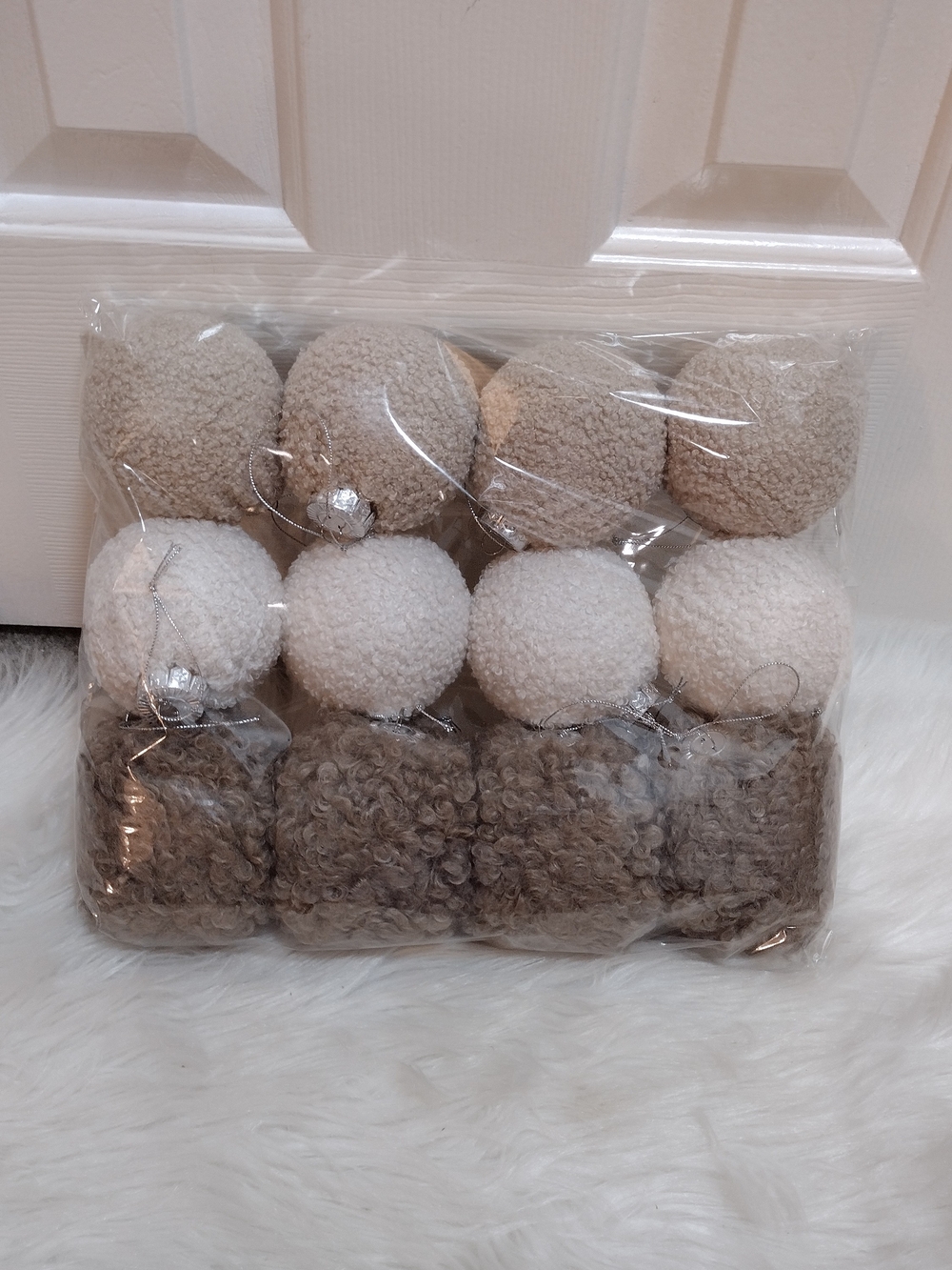 New 12 pcs christmas rustic white cream brown fuzzy soft chistmas tree ornament